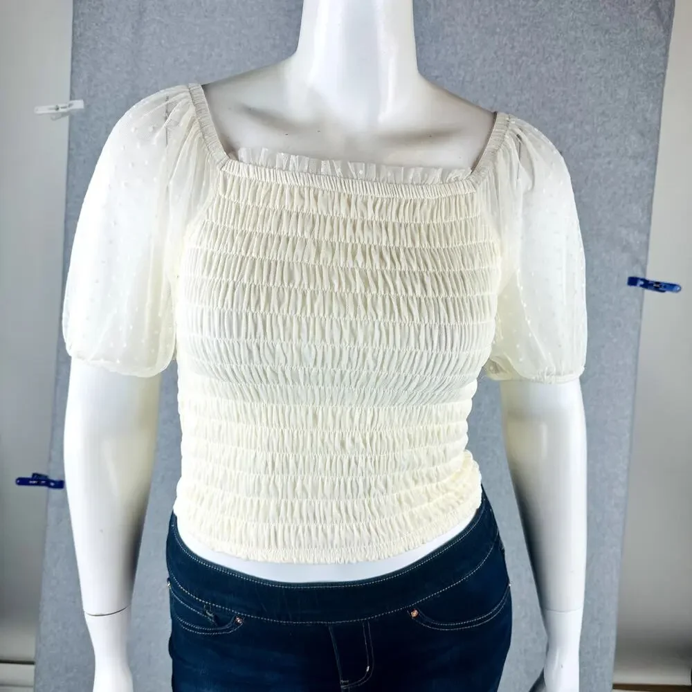 Torrid Womans Sz 4X Plus Blouse Smocked Dot Mesh Square Neck Crop Top Ivory NWT